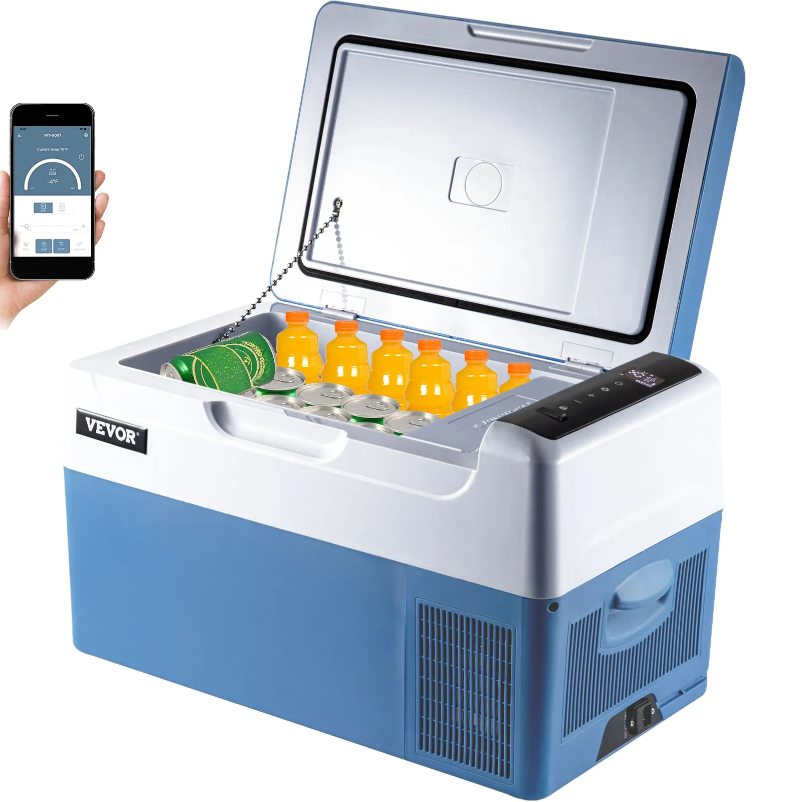 VEVOR portable refrigerator with open lid, filled with drinks, and a smartphone app.