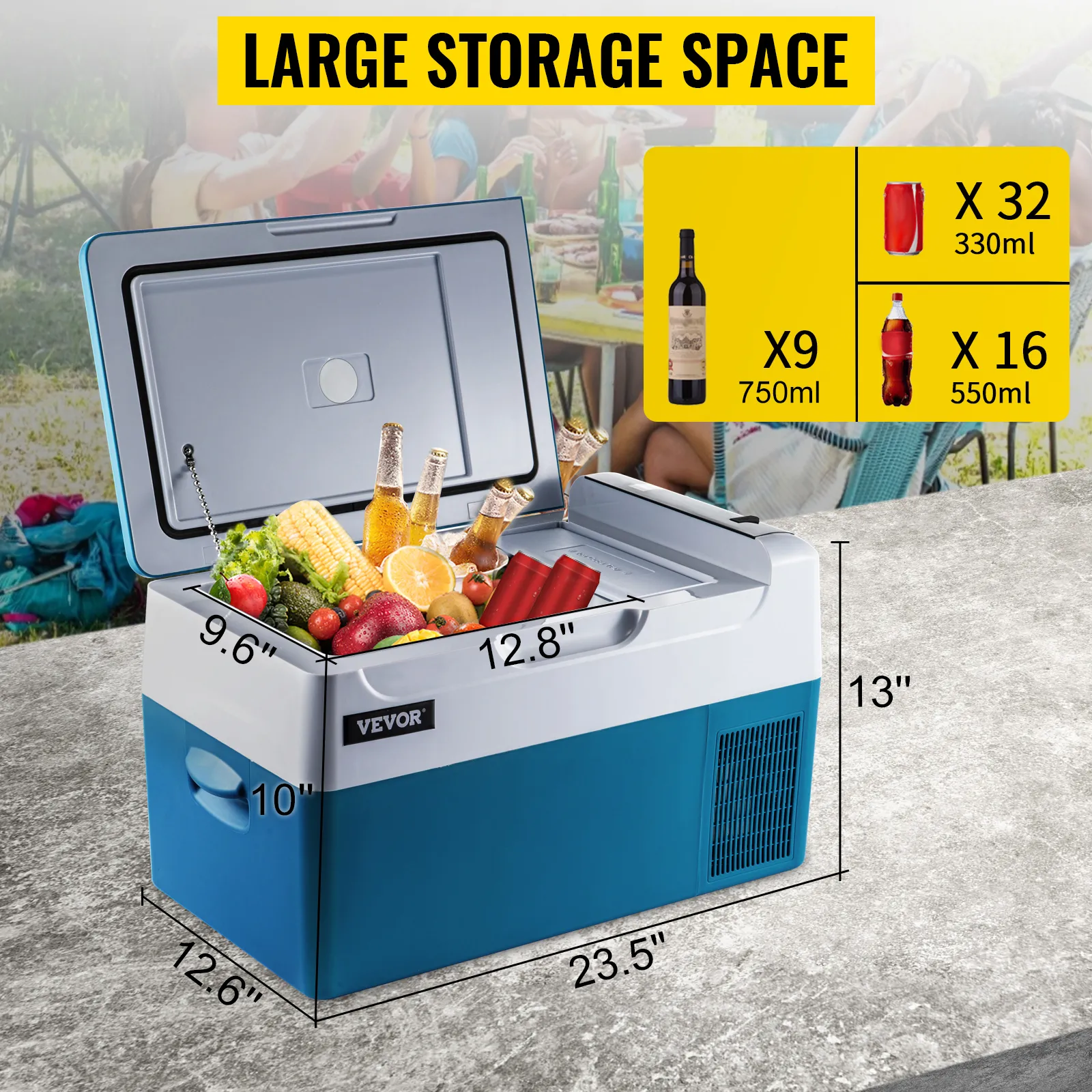 VEVOR portable refrigerator with large storage, packed with food and drinks, dimension guide.