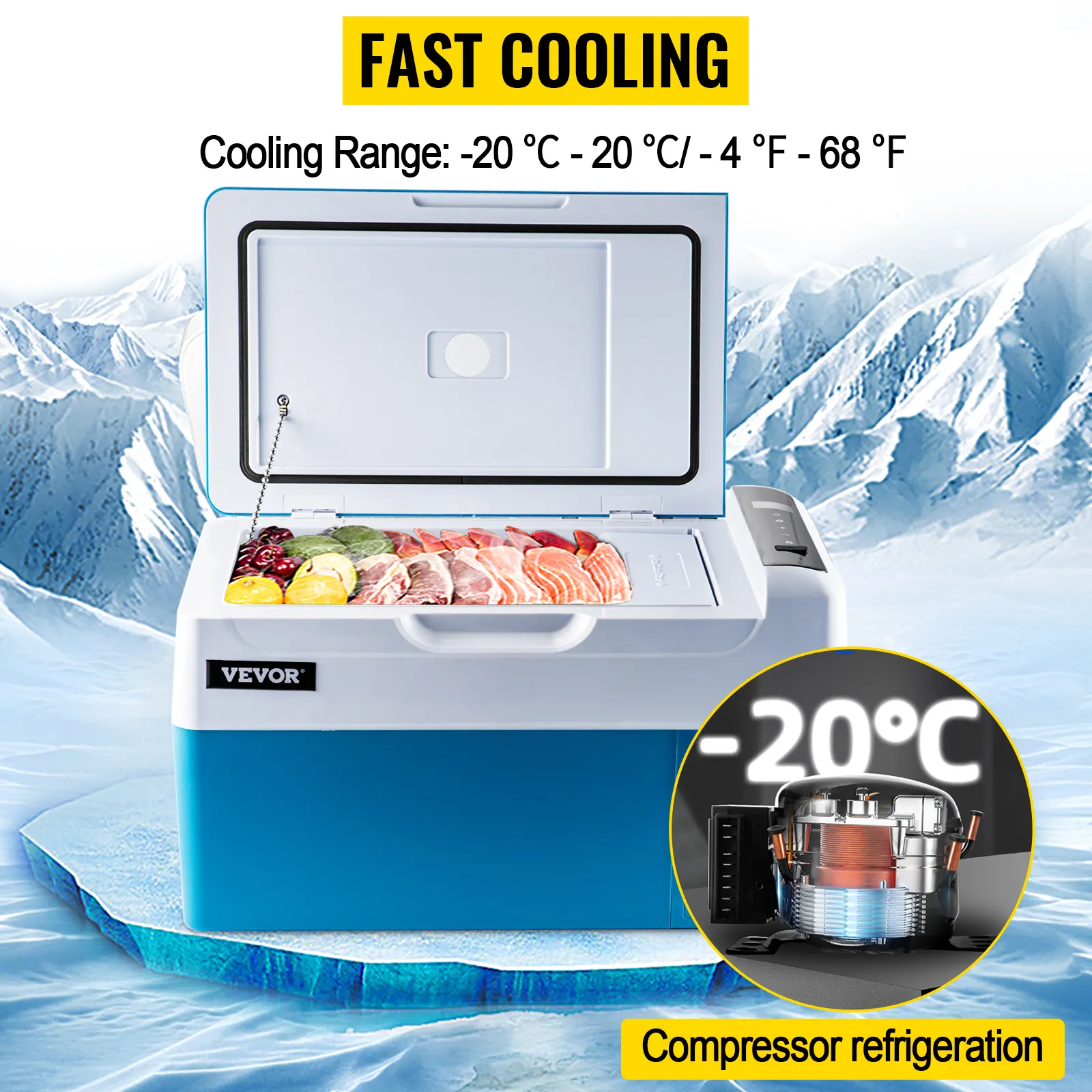 VEVOR portable refrigerator with open lid, showcasing food and displaying fast cooling.