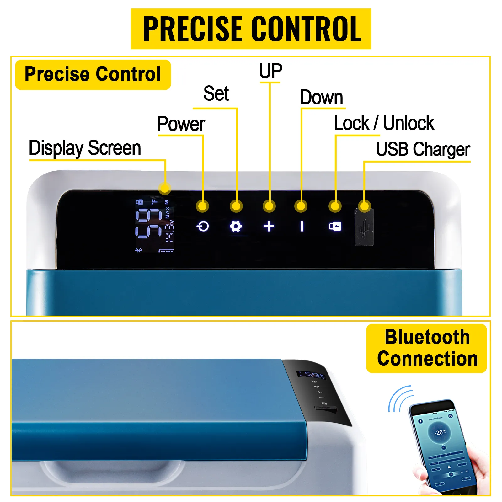 VEVOR portable refrigerator control panel with display screen and bluetooth connectivity.