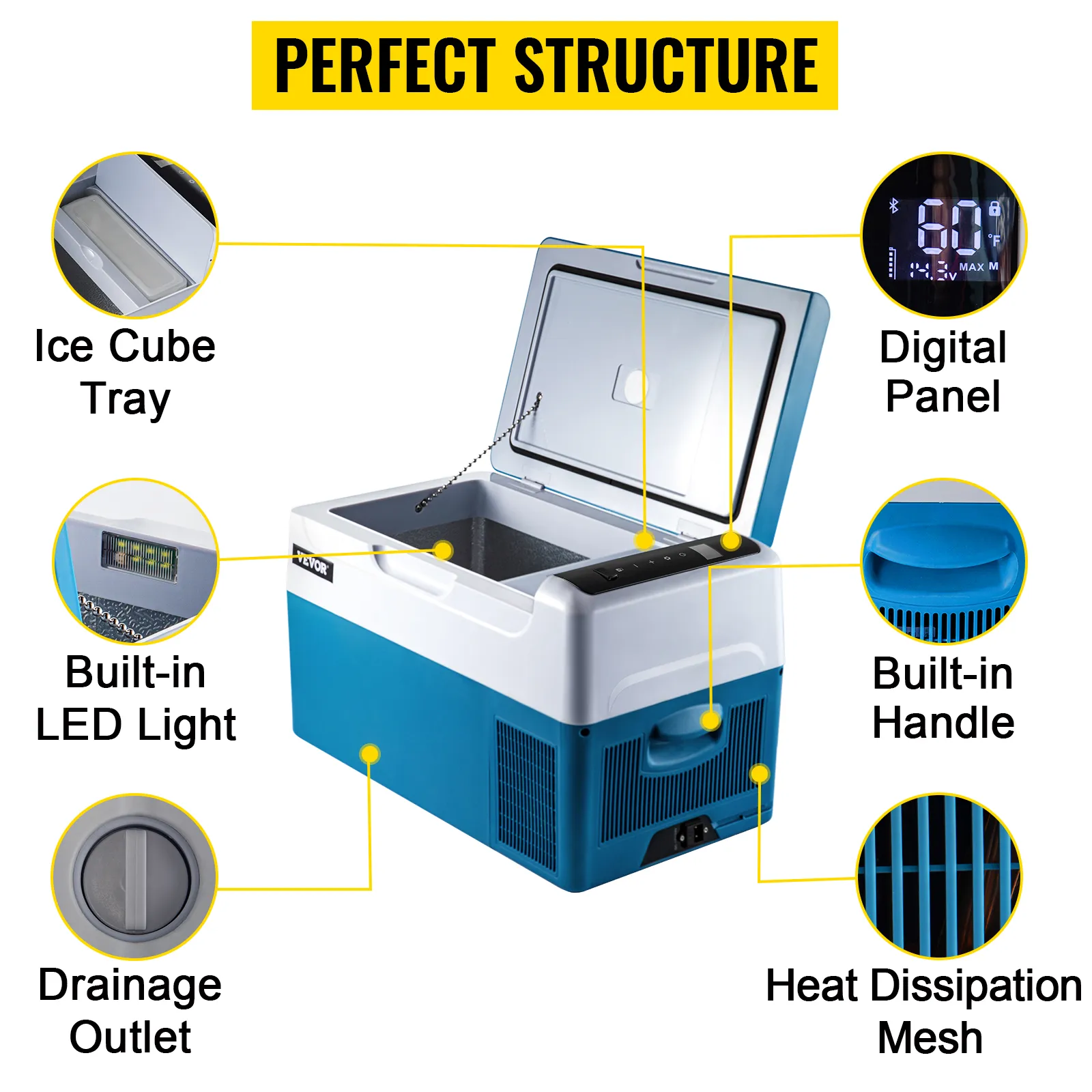 VEVOR portable refrigerator features ice cube tray, digital panel, led light, and built-in handle.