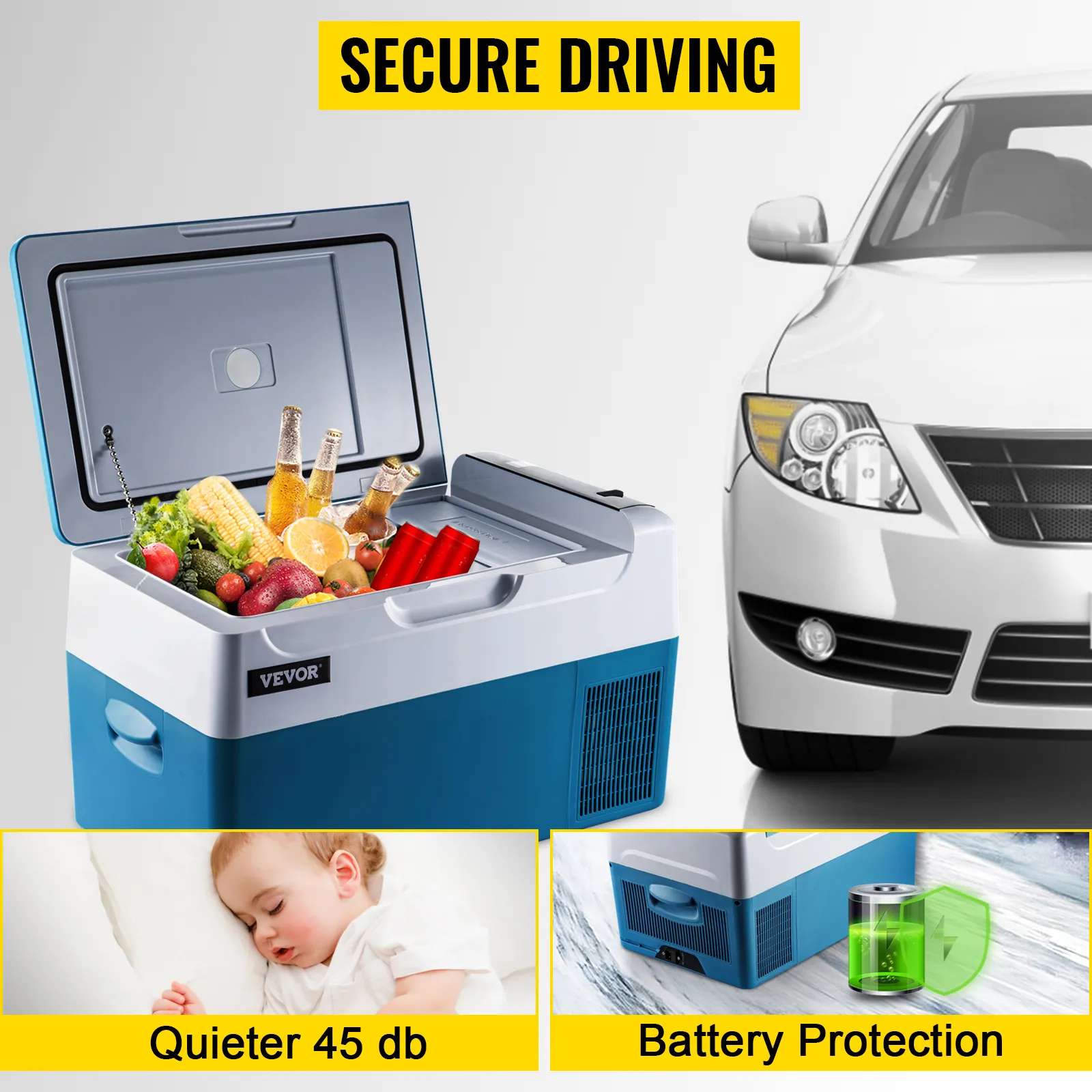 VEVOR portable refrigerator in car, full of groceries, quieter 45 db, battery protection.