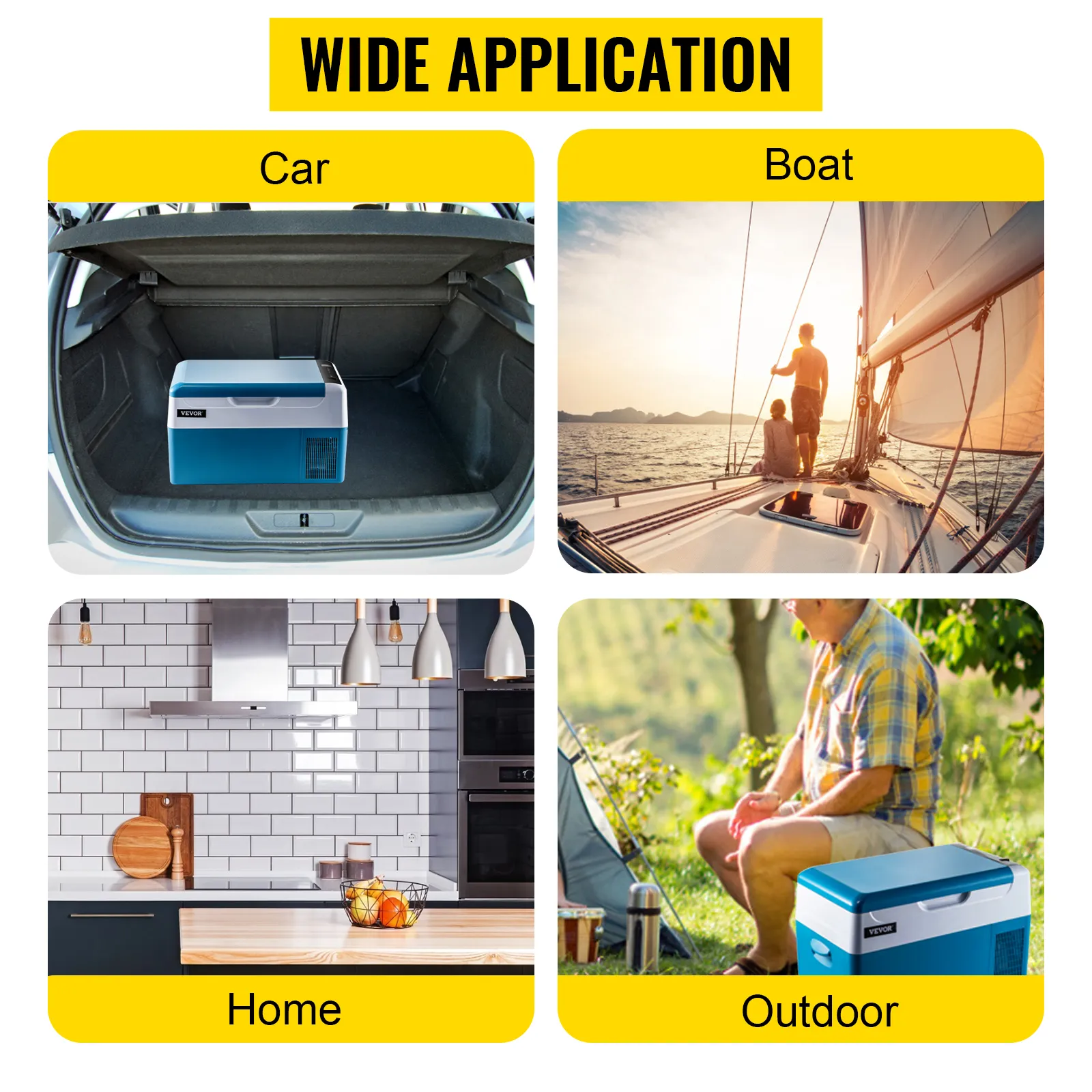 VEVOR portable refrigerator for car, boat, home, and outdoor use.