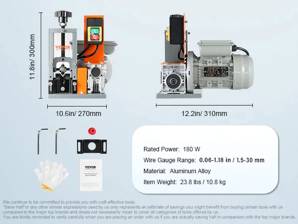 Máquina peladora de cables VEVOR con especificaciones, dimensiones, herramientas y accesorios dispuestos de forma ordenada.