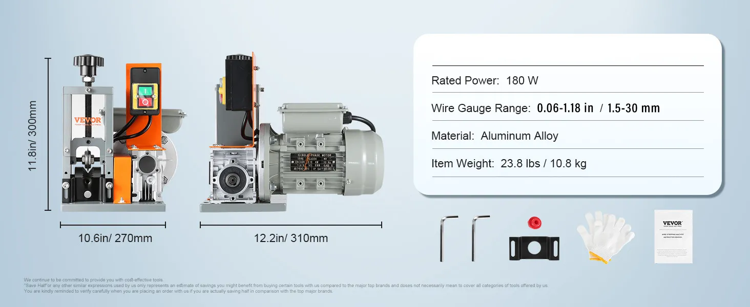 Máquina peladora de cables VEVOR con especificaciones, dimensiones, herramientas y accesorios dispuestos de forma ordenada.