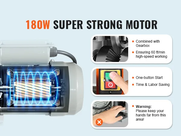 Motor de 180 W en máquina peladora de cables VEVOR, arranque con un botón, marcha alta velocidad, advertencia de seguridad.