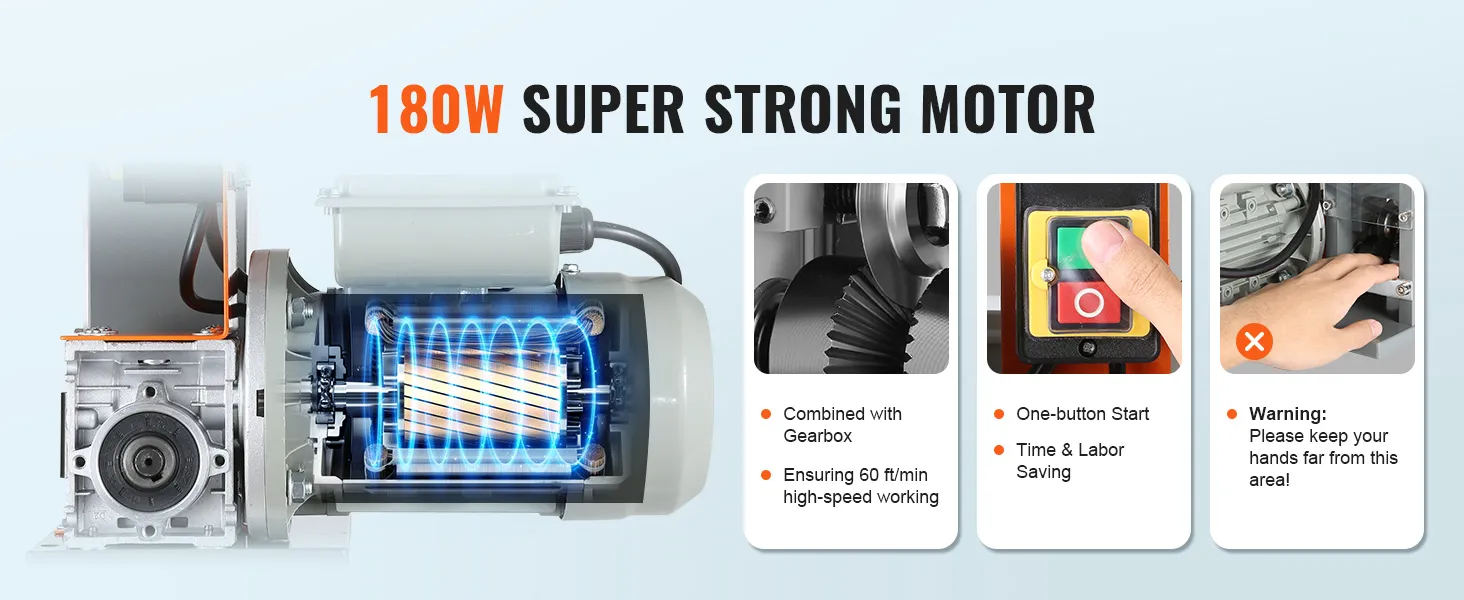 Motor de 180 W en máquina peladora de cables VEVOR, arranque con un botón, marcha alta velocidad, advertencia de seguridad.