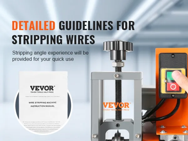 Instrucciones detalladas para pelar cables utilizando la máquina peladora de cables VEVOR con manual de instrucciones.