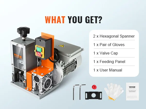 Máquina peladora de cables VEVOR con accesorios: llaves, guantes, tapón de válvula, panel de alimentación y manual de usuario.