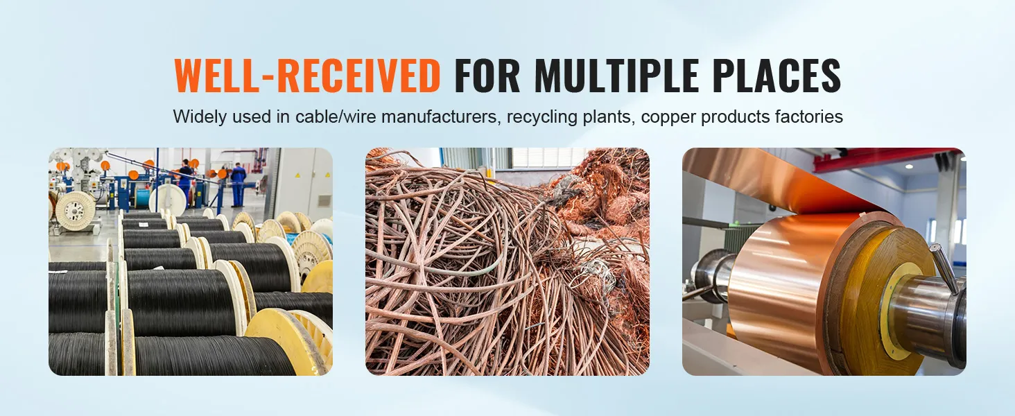 Máquina peladora de cables VEVOR utilizada por fabricantes de cables, plantas de reciclaje y fábricas de productos de cobre.