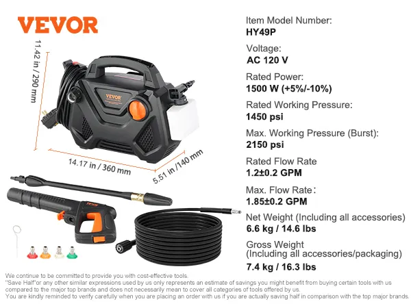 VEVOR Electric Pressure Washer, 2150-PSI 1.85-GPM, Foam Cannon High-Pressure with 5 Different Nozzle, 20ft Hose/35ft Cord Lightweight Washer, Portable Cleans Cars/Fences/Patios/Furniture/Floor/Window