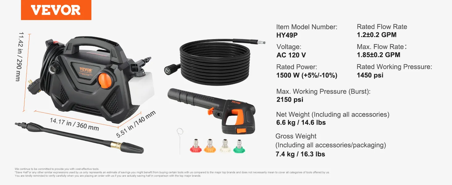 VEVOR electric pressure washer details with specifications, accessories, and dimensions.