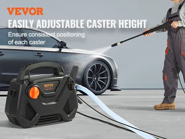 VEVOR electric pressure washer cleaning a car with powerful water jet; compact design on display.