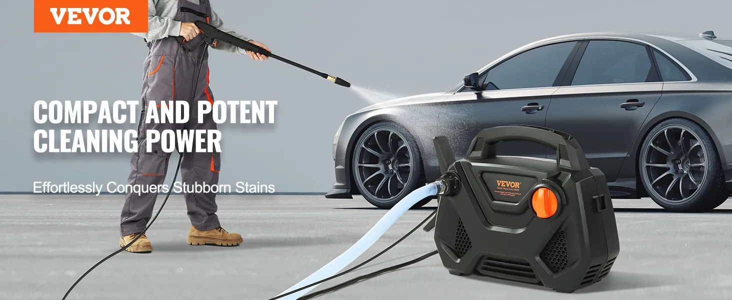 VEVOR electric pressure washer cleaning a car with powerful water jet; compact design on display.
