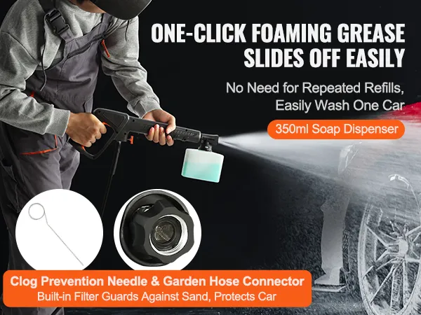 man using VEVOR electric pressure washer to foam and clean a sports car, highlighting 350ml soap dispenser and clog prevention.