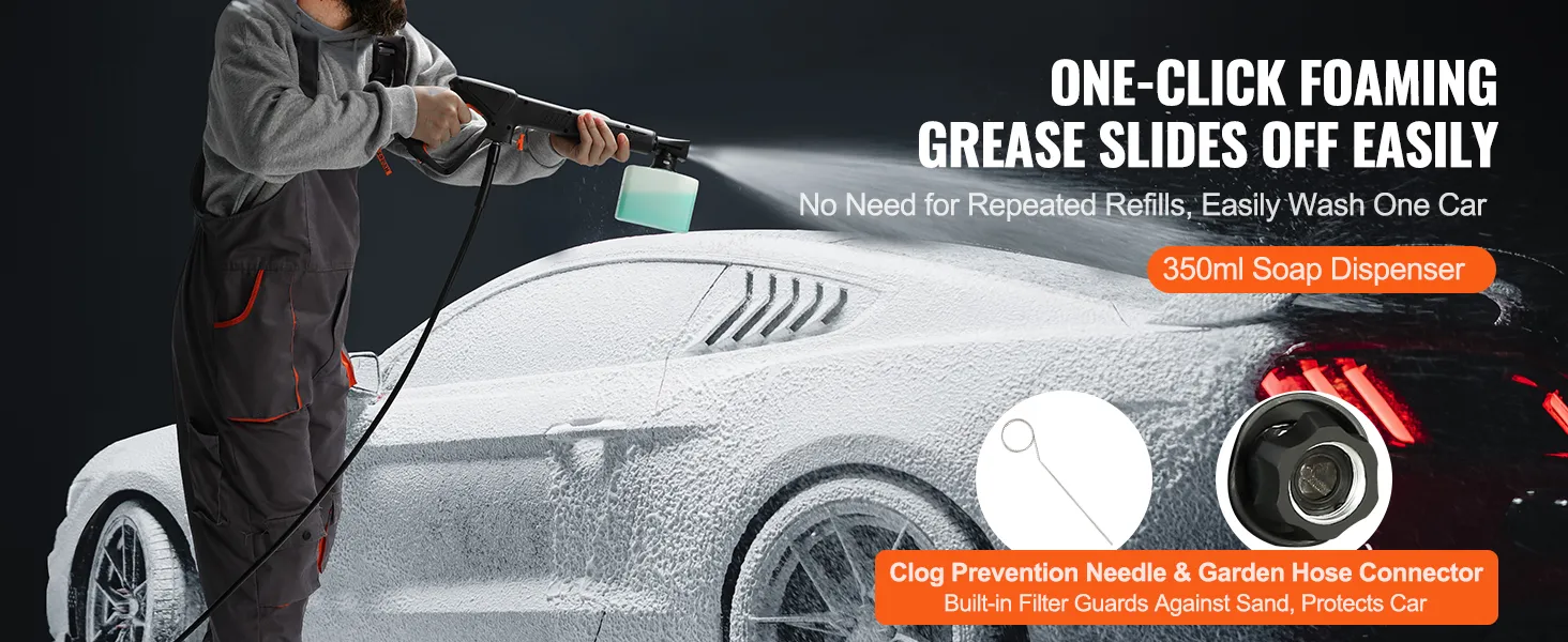 man using VEVOR electric pressure washer to foam and clean a sports car, highlighting 350ml soap dispenser and clog prevention.