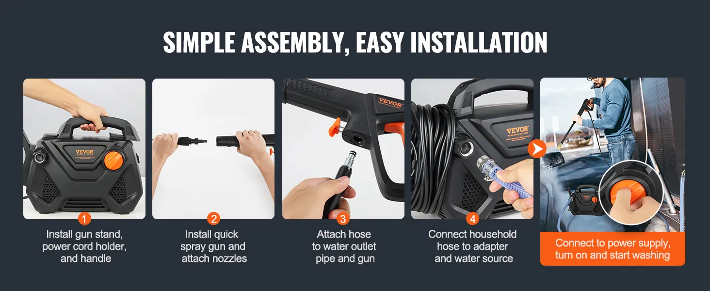 simple steps to assemble and use the VEVOR electric pressure washer: install, connect, and start washing.