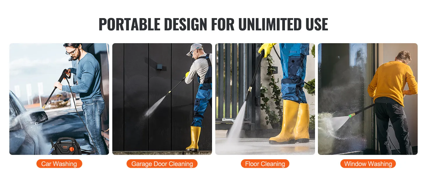 VEVOR electric pressure washer used for car washing, garage door cleaning, floor cleaning, and window washing.