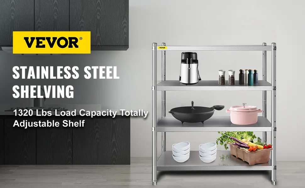 VEVOR stainless steel shelving with adjustable shelves, 1320 lbs load capacity.