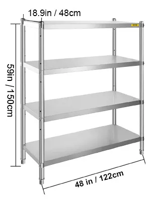 VEVOR stainless steel shelving, 4-tier, 59in h x 48in w x 24in d.