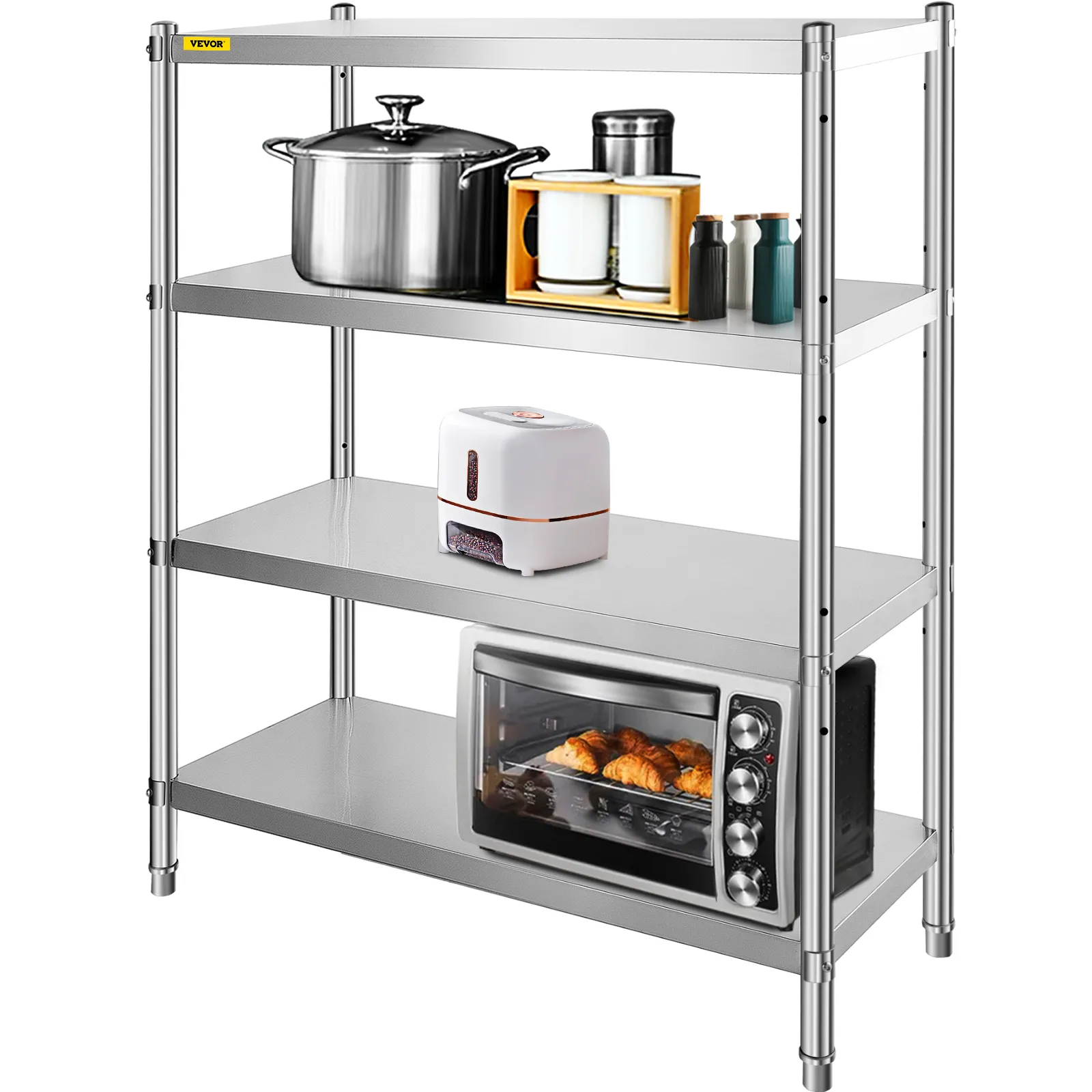 Estantería de acero inoxidable VEVOR con electrodomésticos y utensilios de cocina.