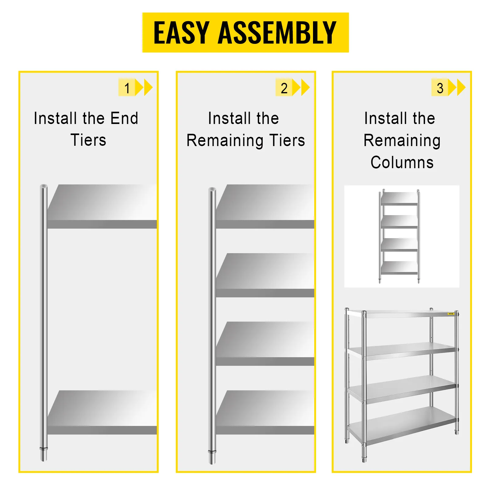 VEVOR stainless steel shelving easy assembly steps: install tiers and columns.