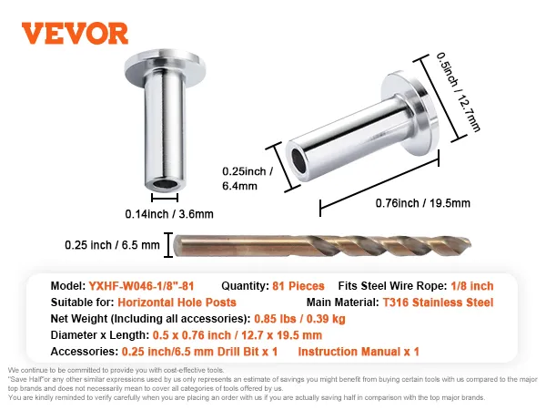 VEVOR stainless steel protector sleeves for horizontal hole posts with precision drill bit set.