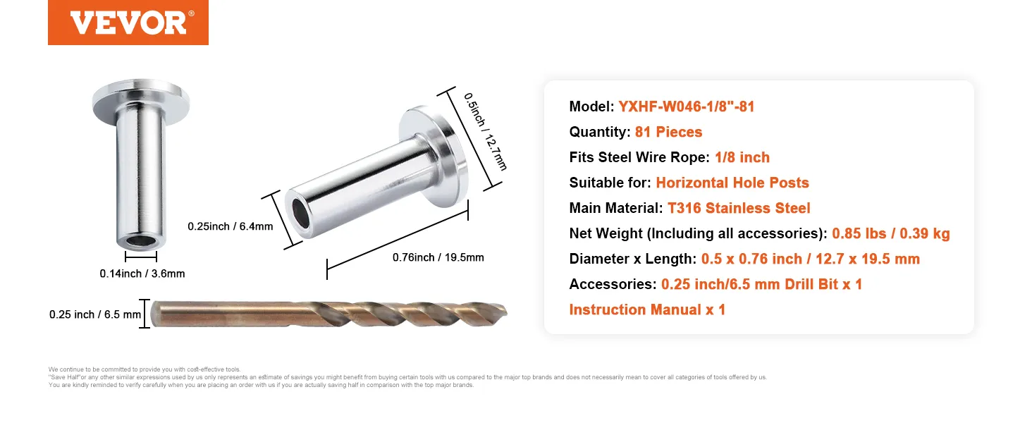 VEVOR stainless steel protector sleeves for horizontal hole posts with precision drill bit set.