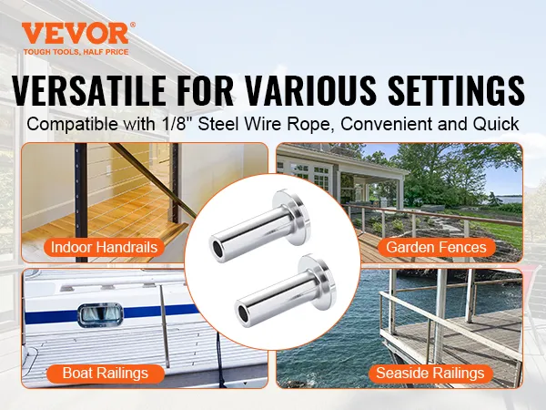 VEVOR stainless steel protector sleeves for indoor handrails, garden fences, boat railings, and seaside railings.