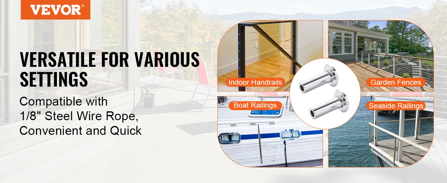 VEVOR stainless steel protector sleeves for indoor handrails, garden fences, boat railings, and seaside railings.