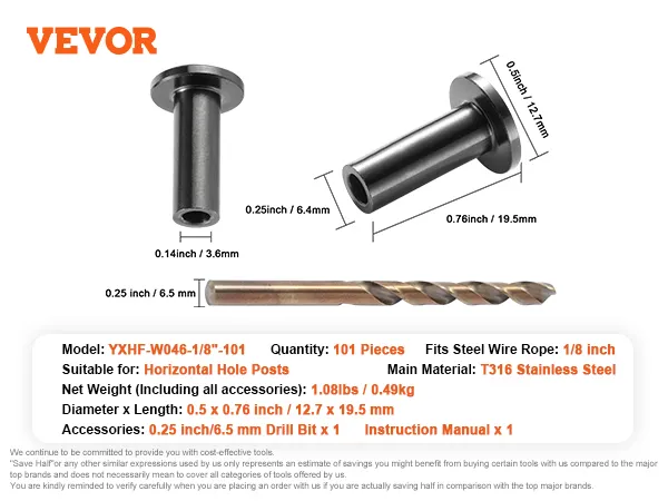 VEVOR stainless steel cable railing sleeves set details with dimensions, materials, and included accessories.