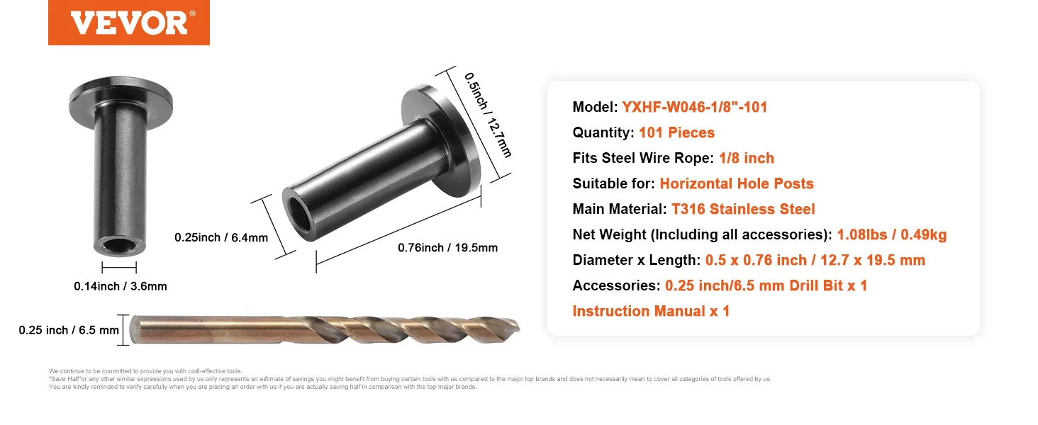 VEVOR stainless steel cable railing sleeves set details with dimensions, materials, and included accessories.