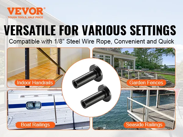VEVOR stainless steel cable railing sleeves for indoor handrails, garden fences, boat railings, and seaside railings.