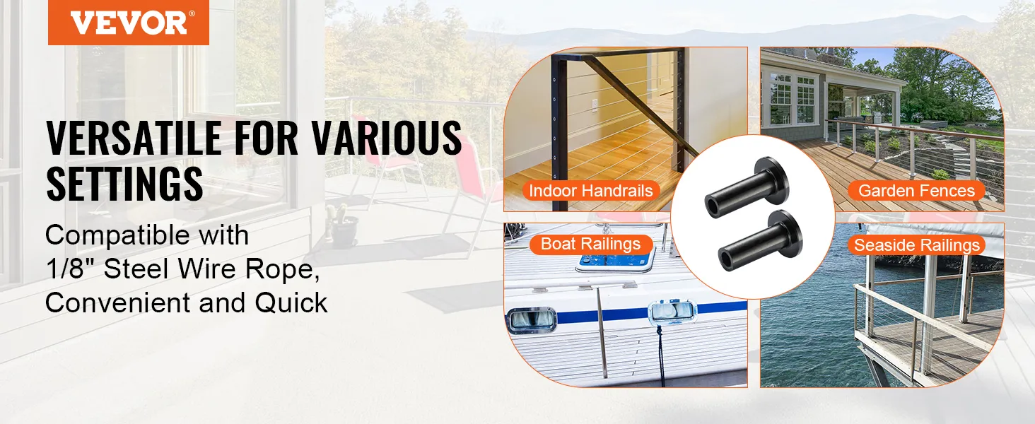 VEVOR stainless steel cable railing sleeves for indoor handrails, garden fences, boat railings, and seaside railings.