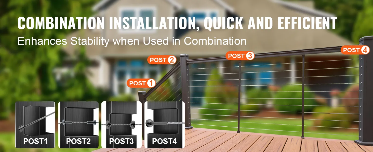 outdoor deck railing with quick-install VEVOR stainless steel cable railing sleeves for enhanced stability.
