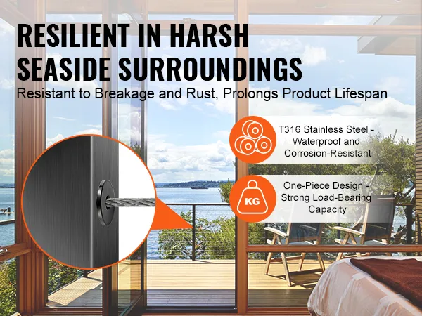 VEVOR stainless steel cable railing sleeves, rust-resistant, and strong load-bearing capacity for seaside use.