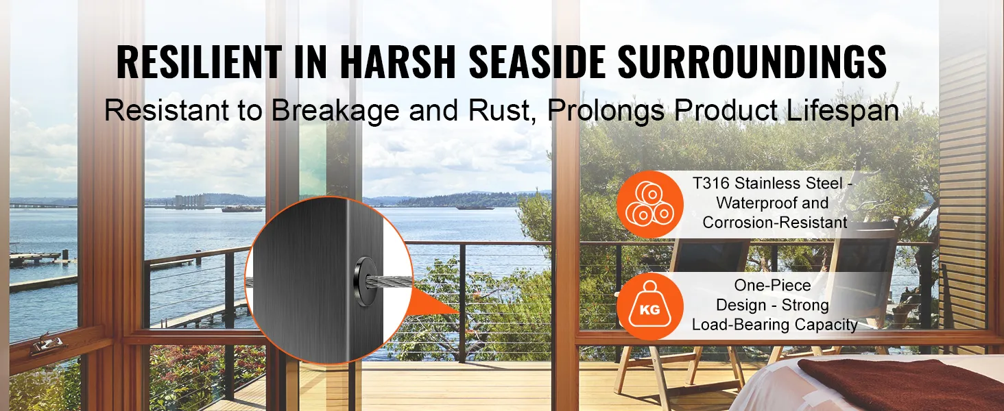 VEVOR stainless steel cable railing sleeves, rust-resistant, and strong load-bearing capacity for seaside use.