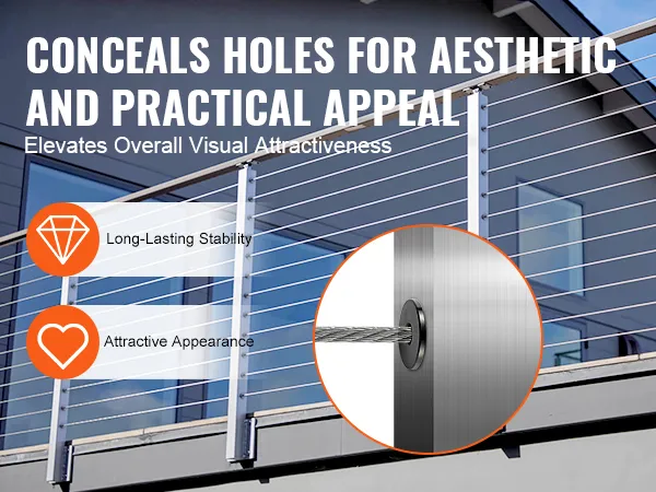 VEVOR stainless steel cable railing sleeves enhance stability and appearance, concealing holes effectively.