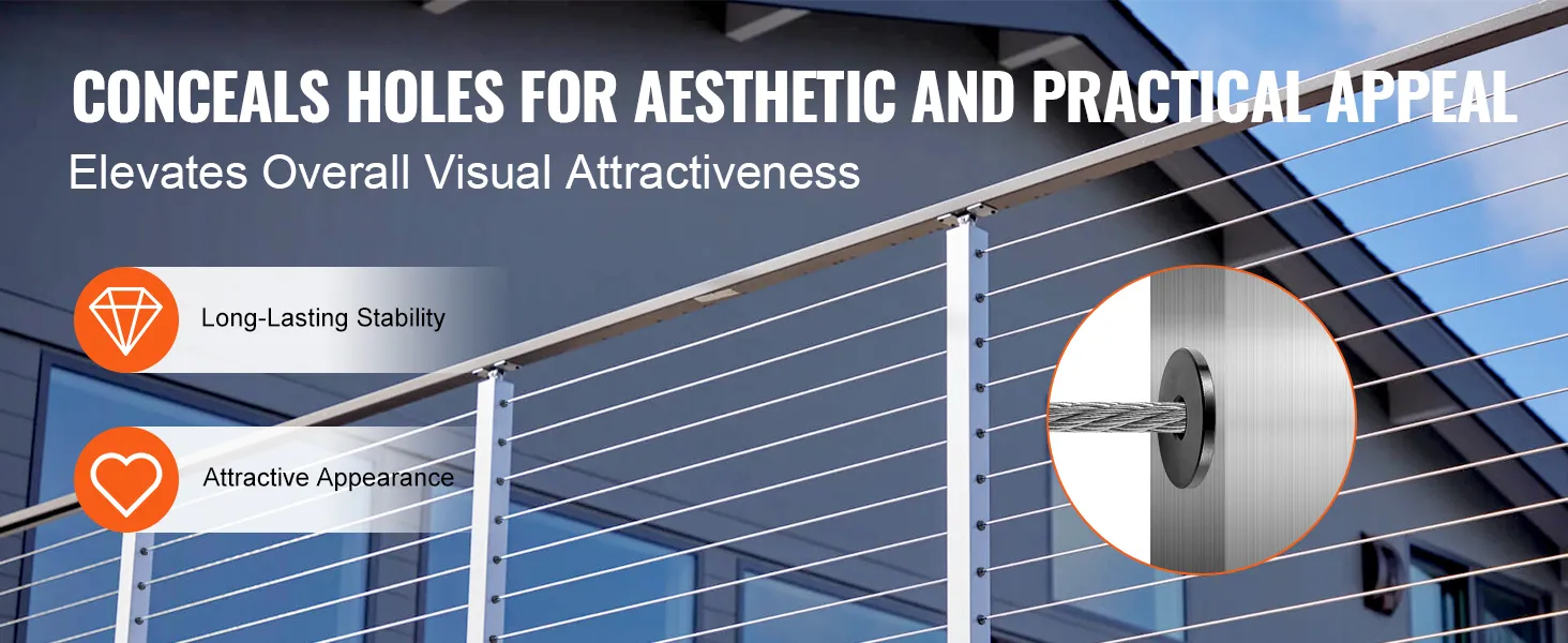 VEVOR stainless steel cable railing sleeves enhance stability and appearance, concealing holes effectively.