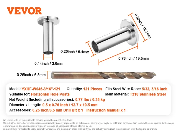 VEVOR stainless steel protector sleeves and accessories with specification details and dimensions.