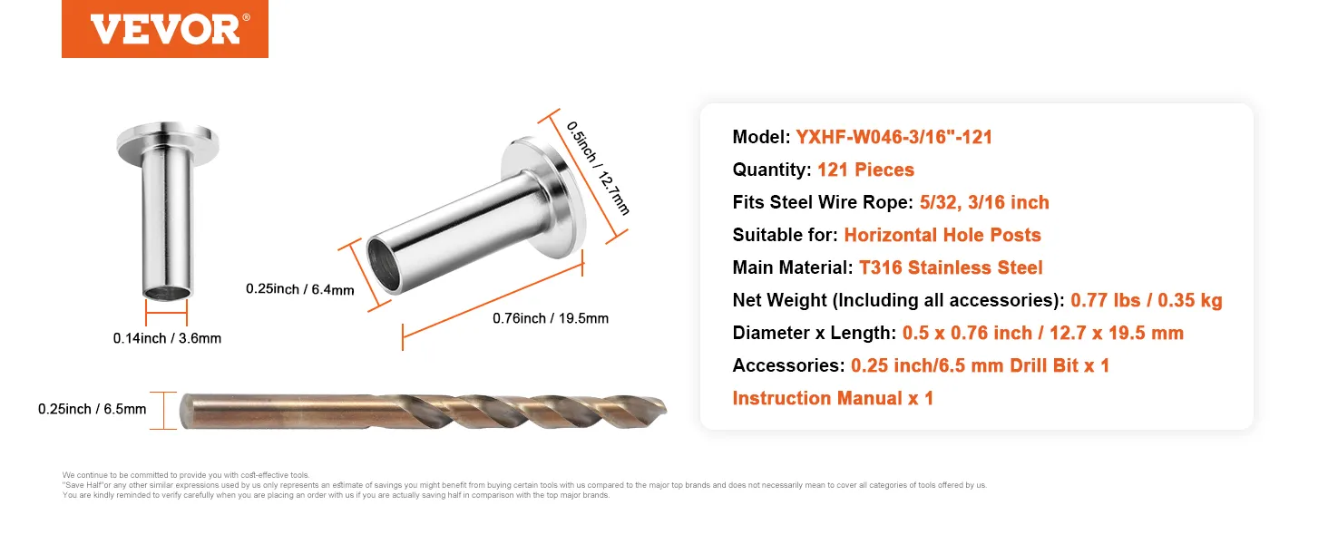VEVOR stainless steel protector sleeves and accessories with specification details and dimensions.