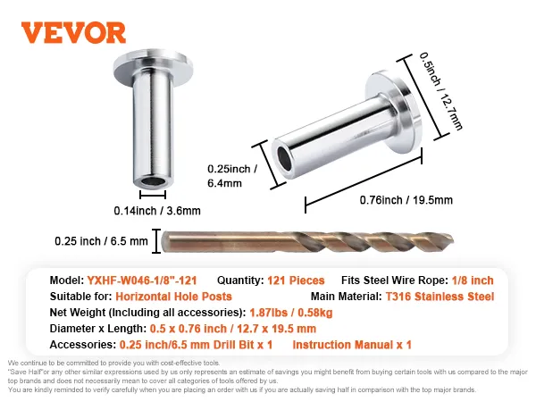 Zestaw tulei ochronnych ze stali nierdzewnej VEVOR składający się ze 121 elementów, korpusu ze stali nierdzewnej T316 i dołączonego wiertła.