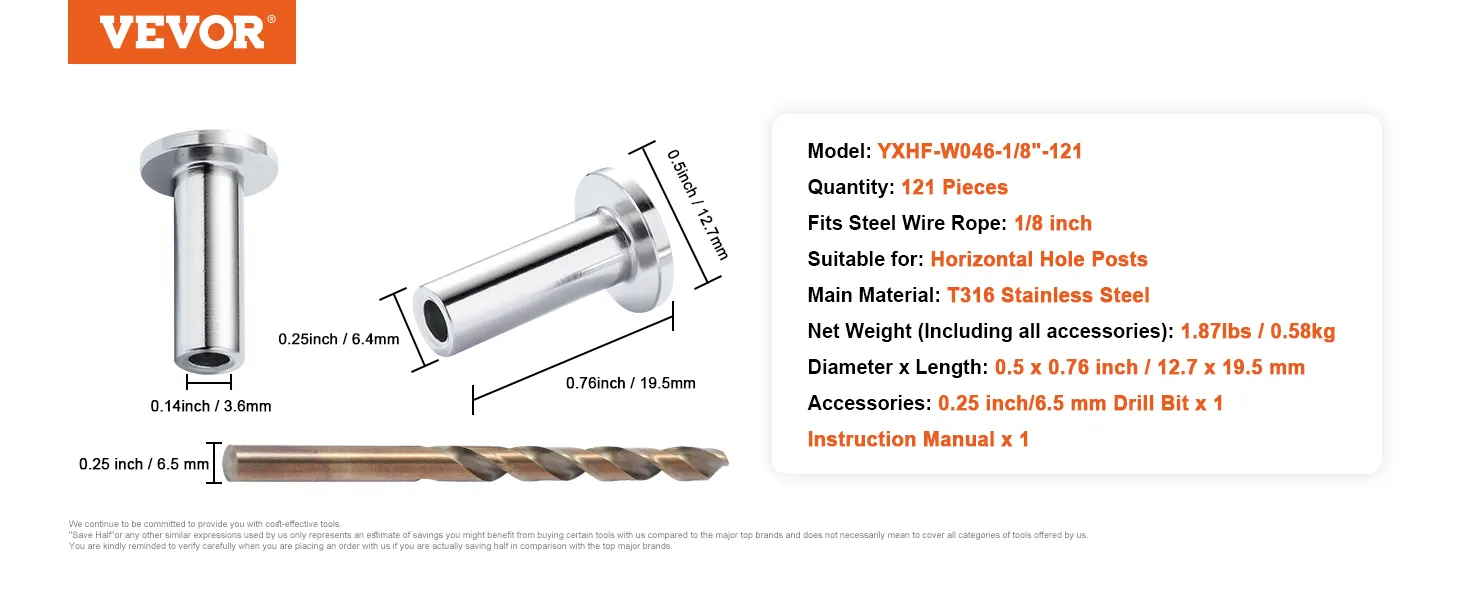 Zestaw tulei ochronnych ze stali nierdzewnej VEVOR składający się ze 121 elementów, korpusu ze stali nierdzewnej T316 i dołączonego wiertła.