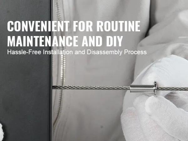 ręce w rękawiczkach montujące kabel z osłonami ze stali nierdzewnej VEVOR, co ułatwia samodzielną konserwację.