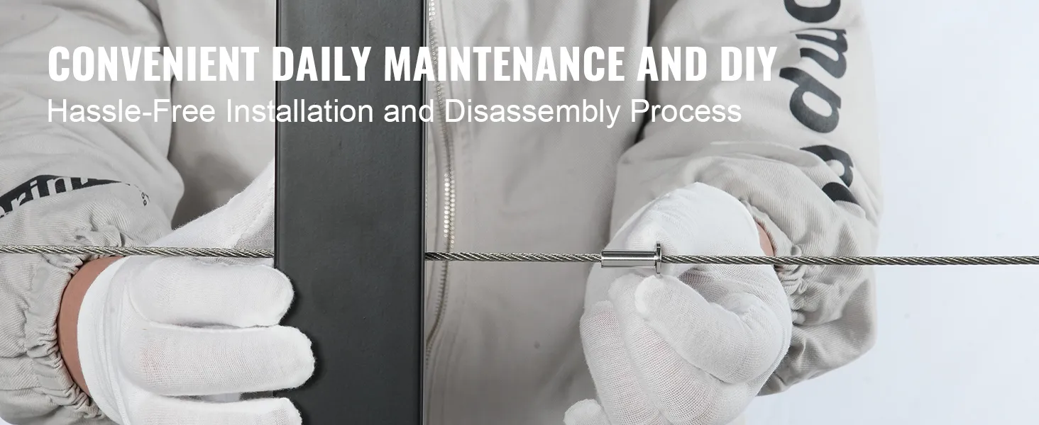 ręce w rękawiczkach montujące kabel z osłonami ze stali nierdzewnej VEVOR, co ułatwia samodzielną konserwację.