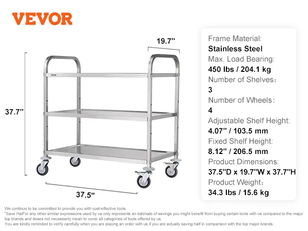 VEVOR kitchen utility cart, stainless steel, 3 shelves, 4 wheels, max load 450 lbs, dimensions: 37.5"d x 19.7"w x 37.7"h.