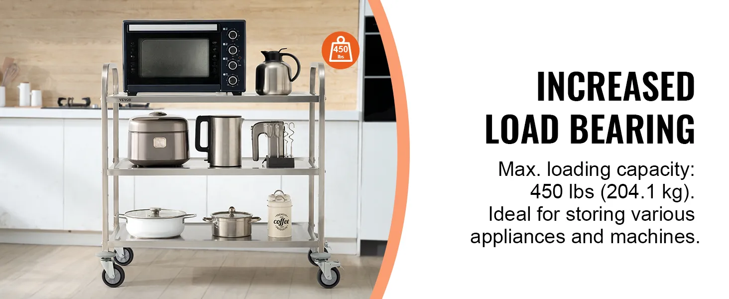 VEVOR kitchen utility cart with appliances, 450 lbs load capacity, three shelves, caster wheels.
