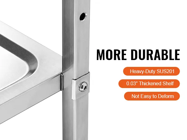 stainless steel VEVOR kitchen utility cart frame close-up showcasing durability and thickened shelf.