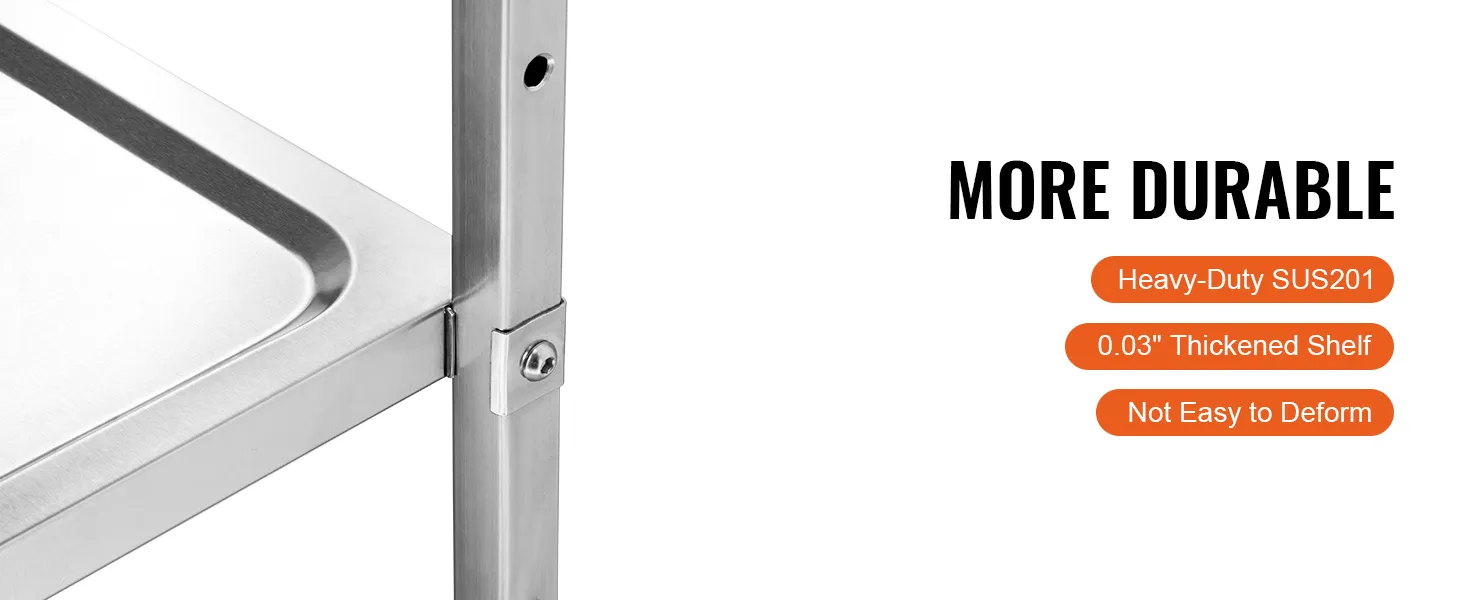 stainless steel VEVOR kitchen utility cart frame close-up showcasing durability and thickened shelf.
