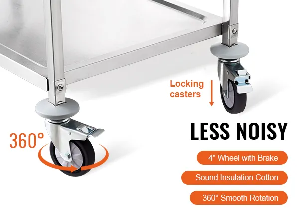 VEVOR kitchen utility cart with locking casters, 4" wheels, sound insulation, and 360° smooth rotation.